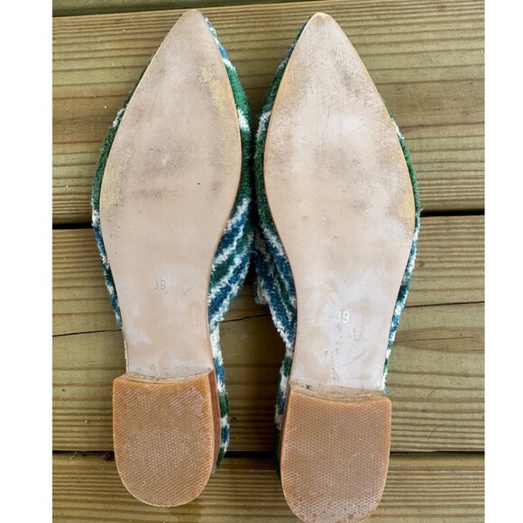 Ayca Design Green Blue Ikat Velvet Mules Size 39 | Handmade Kilim Flats - Picture 2 of 4
